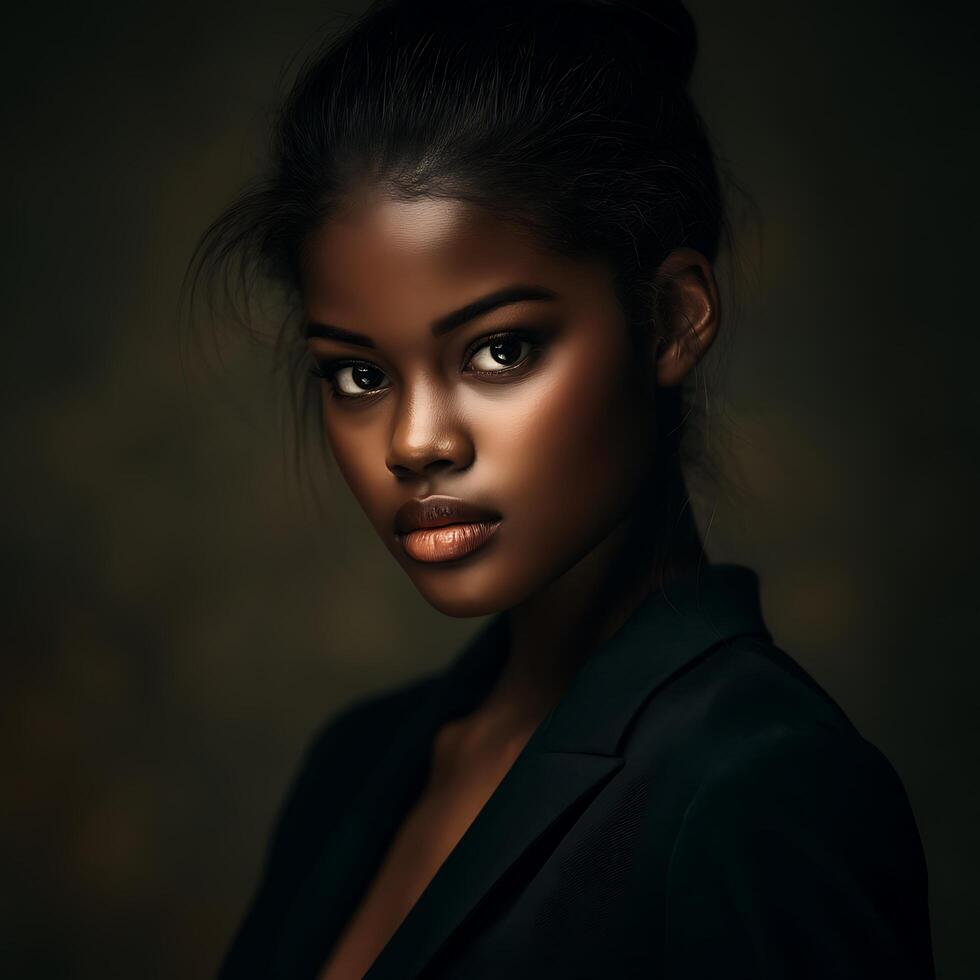 Close up portrait of a young Black woman with dark hair, wearing a dark blazer against a moody background. photo