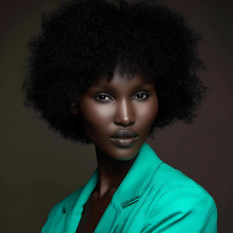 Portrait of a Black Woman with an Afro Hairstyle Wearing a Teal Jacket. photo