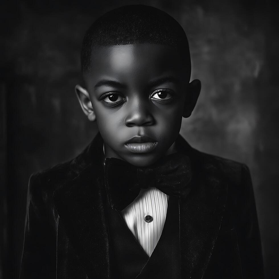 Black and White Portrait of a Young Boy in a Tuxedo. A striking monochrome image ideal for fashion, elegance, or children's themes. photo