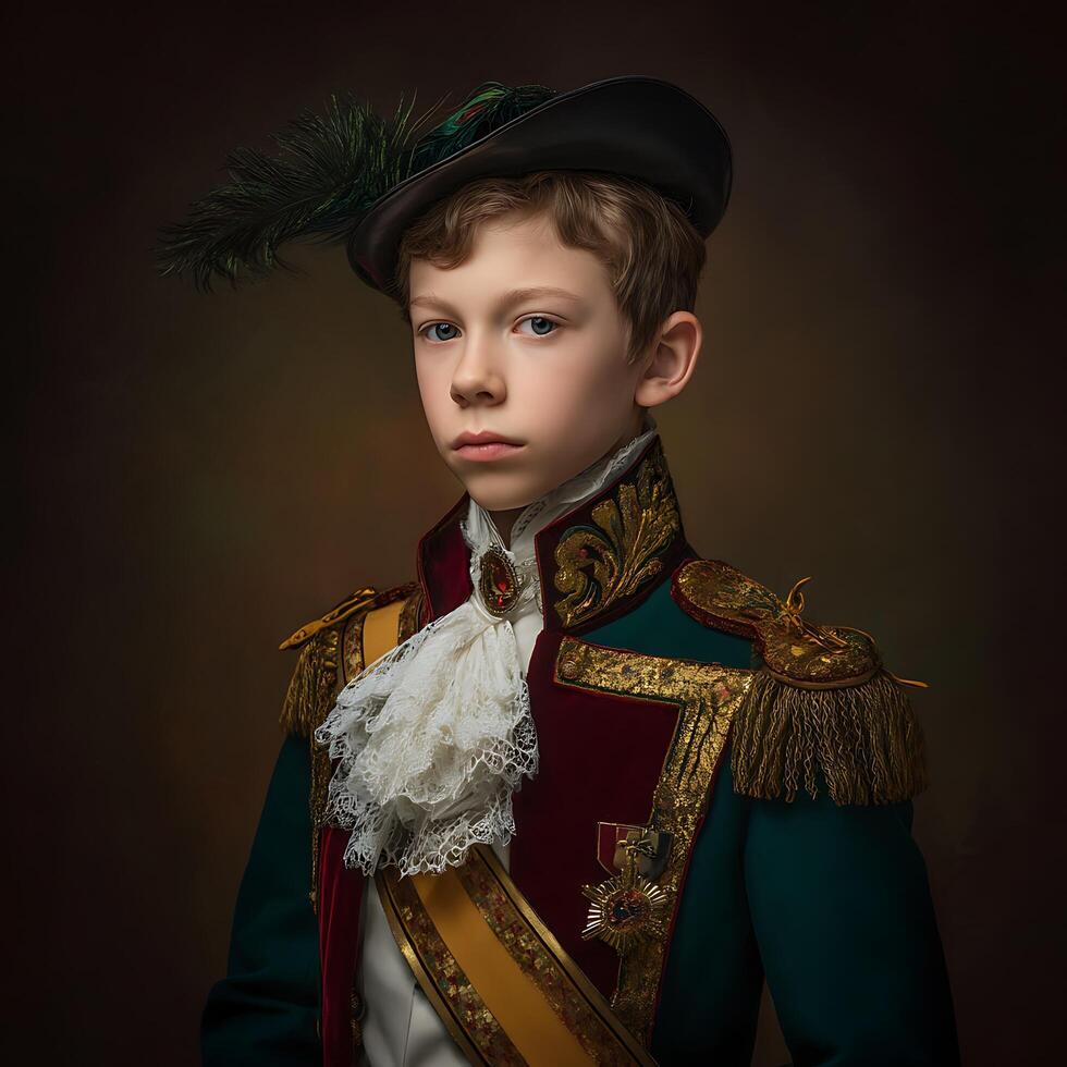 Portrait of a Young Boy in Historic Costume, Elegant and Regal. photo