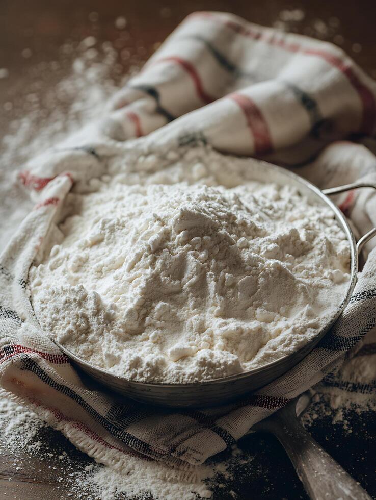 Close Up of a Bowl of Flour on a Rustic Table. A Pile of White Flour Sits in a Metal Bowl, Ready for Baking. photo