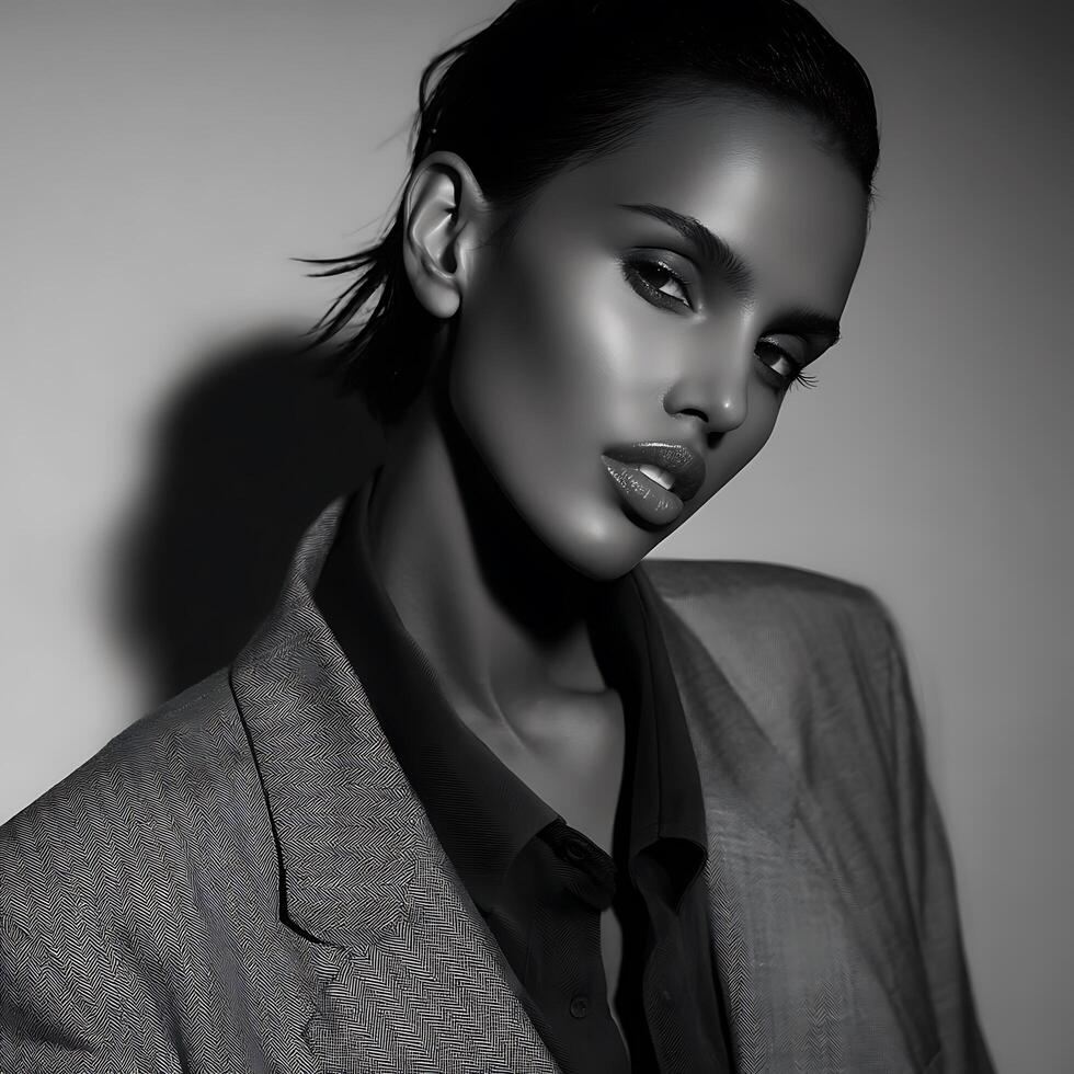 Monochrome Portrait of a Woman in a Herringbone Jacket. A striking close up image of a fashionable female model. photo