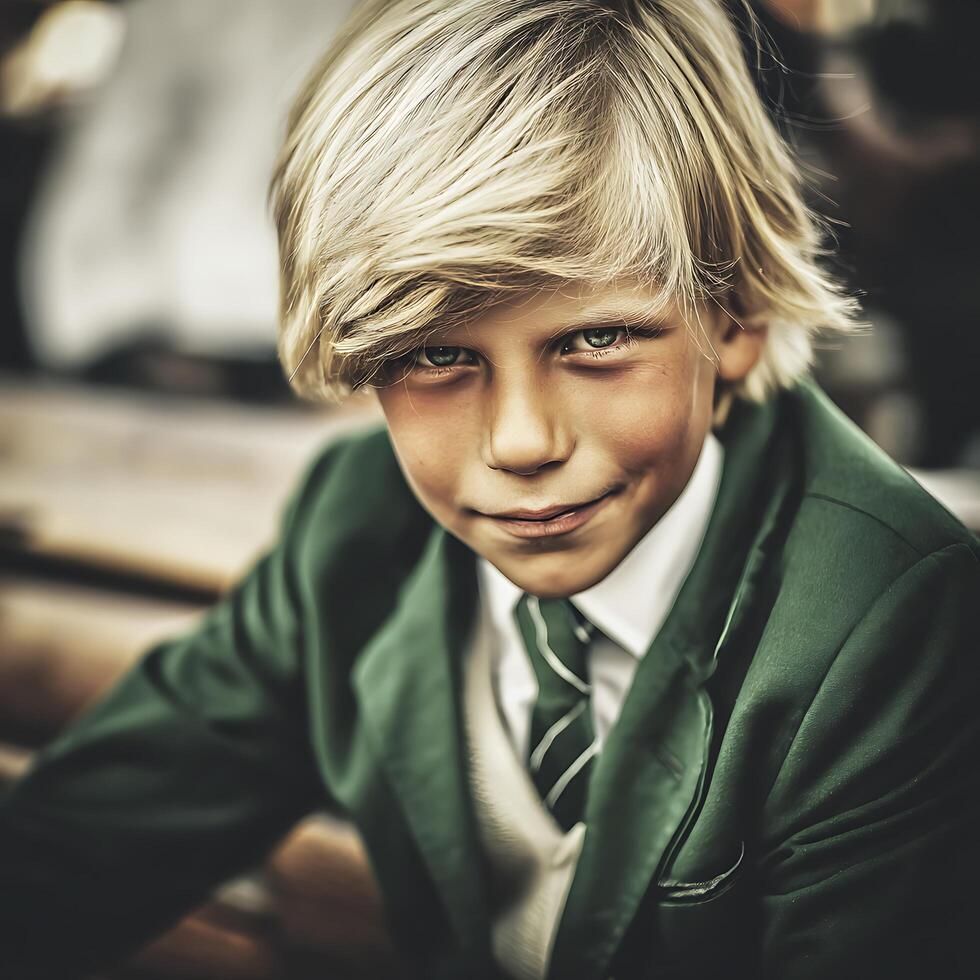Portrait of a Young Boy with Blond Hair in a Green Blazer. A close up image of a child's face. photo