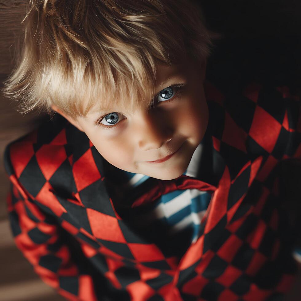 Portrait of a Young Boy with Striking Blue Eyes, Wearing a Red and Black Checkered Jacket. photo