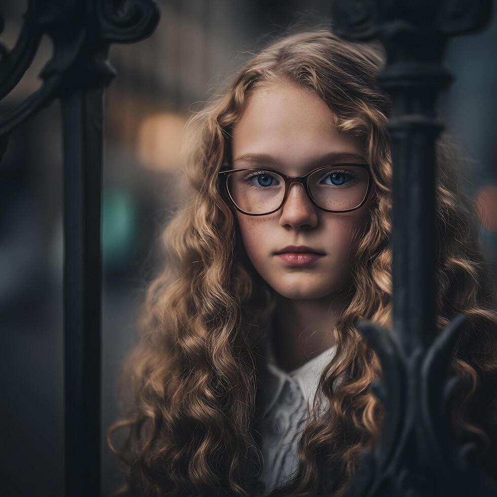 Portrait of a Young Girl with Long Curly Hair, Partially Hidden Behind a Metal Fence. photo