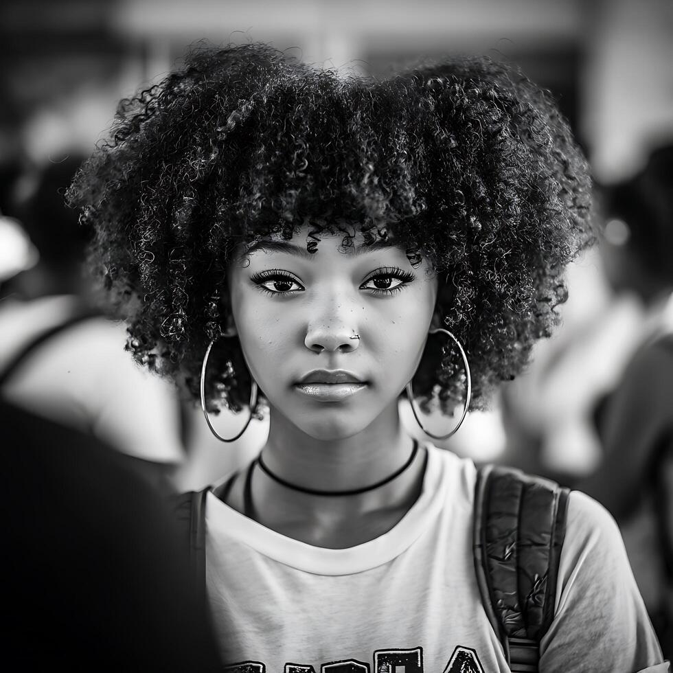 Black and White Portrait of a Young Woman with Afro Hair. photo