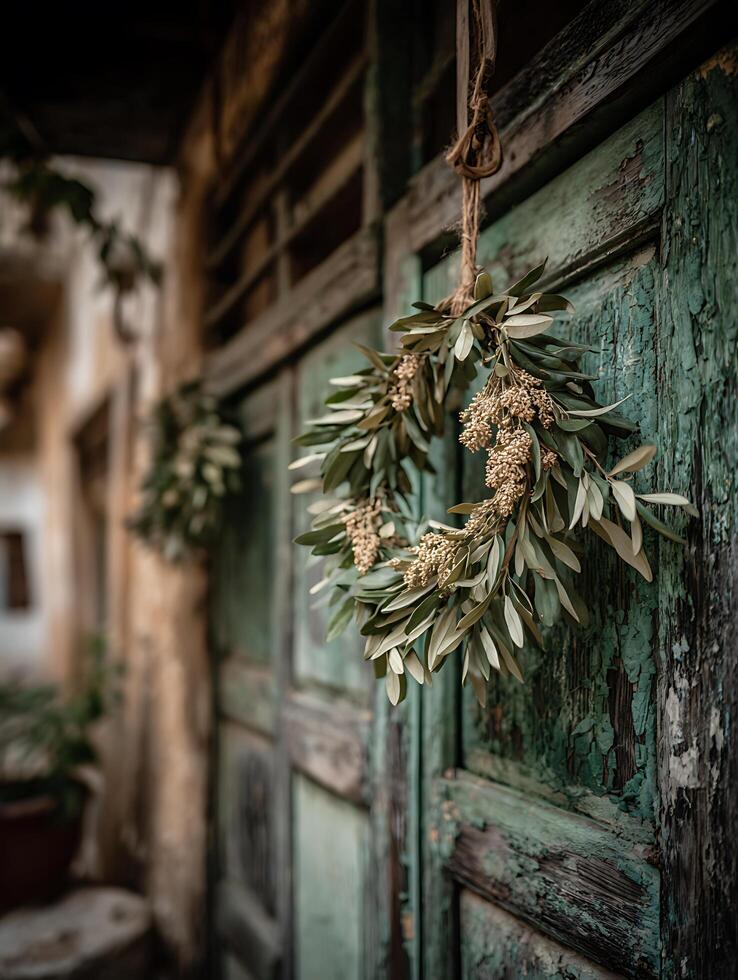 Olive Branch Wreath Hanging on Rustic Door. A close up image of a natural olive branch wreath adorning a weathered wooden door. photo