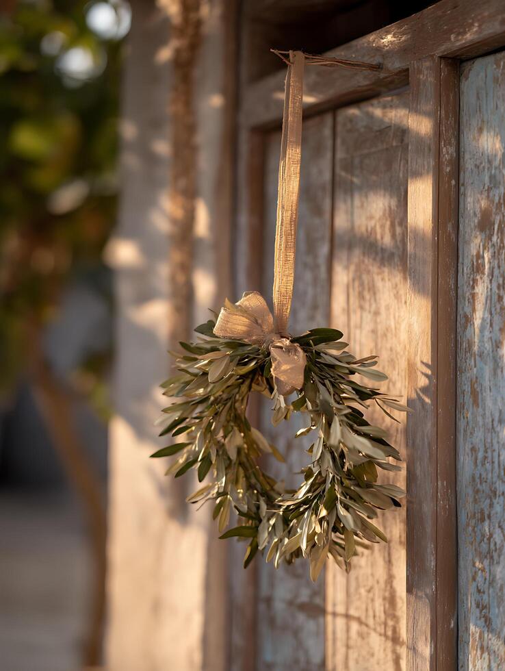 Olive Branch Wreath Hanging on Rustic Wooden Door at Sunset. photo