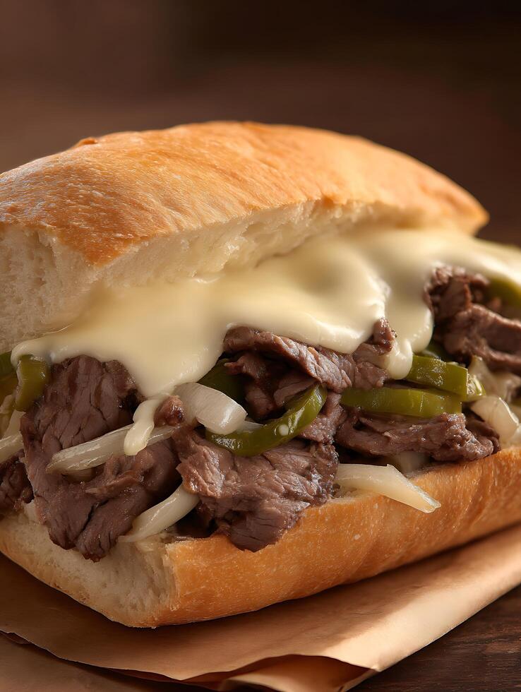 Close up of a mouthwatering Philly cheesesteak sandwich on a rustic wooden table. photo