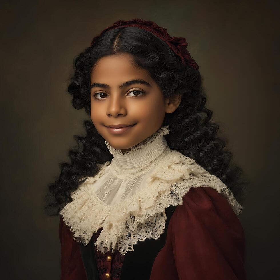 Portrait of a Young Girl in Antique Clothing, Reminiscent of 19th Century Fashion. photo