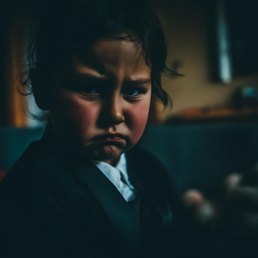 Portrait of a Young Child with a Serious Expression. A close up image showcasing a child's intense emotions. photo