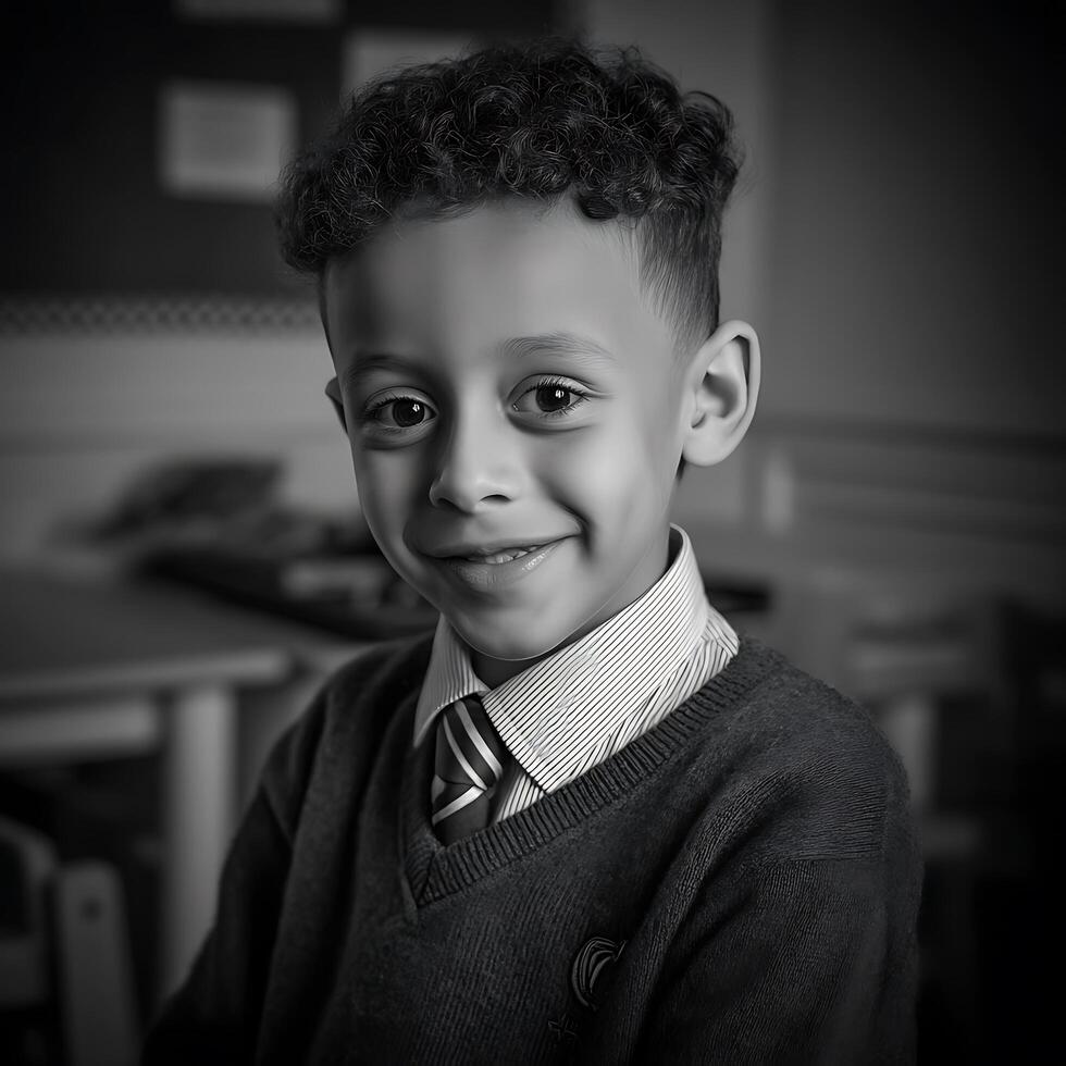 Portrait of a smiling schoolboy in his uniform. A black and white close up image of a young boy. photo