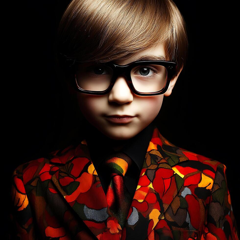 Portrait of a Stylish Young Boy in Retro Clothing and Glasses. A close up image showcasing a child's fashion and expression. photo