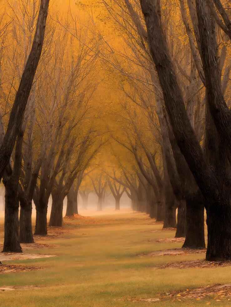 Golden Autumn A Misty Pathway Through a Tree-Lined Avenue. photo