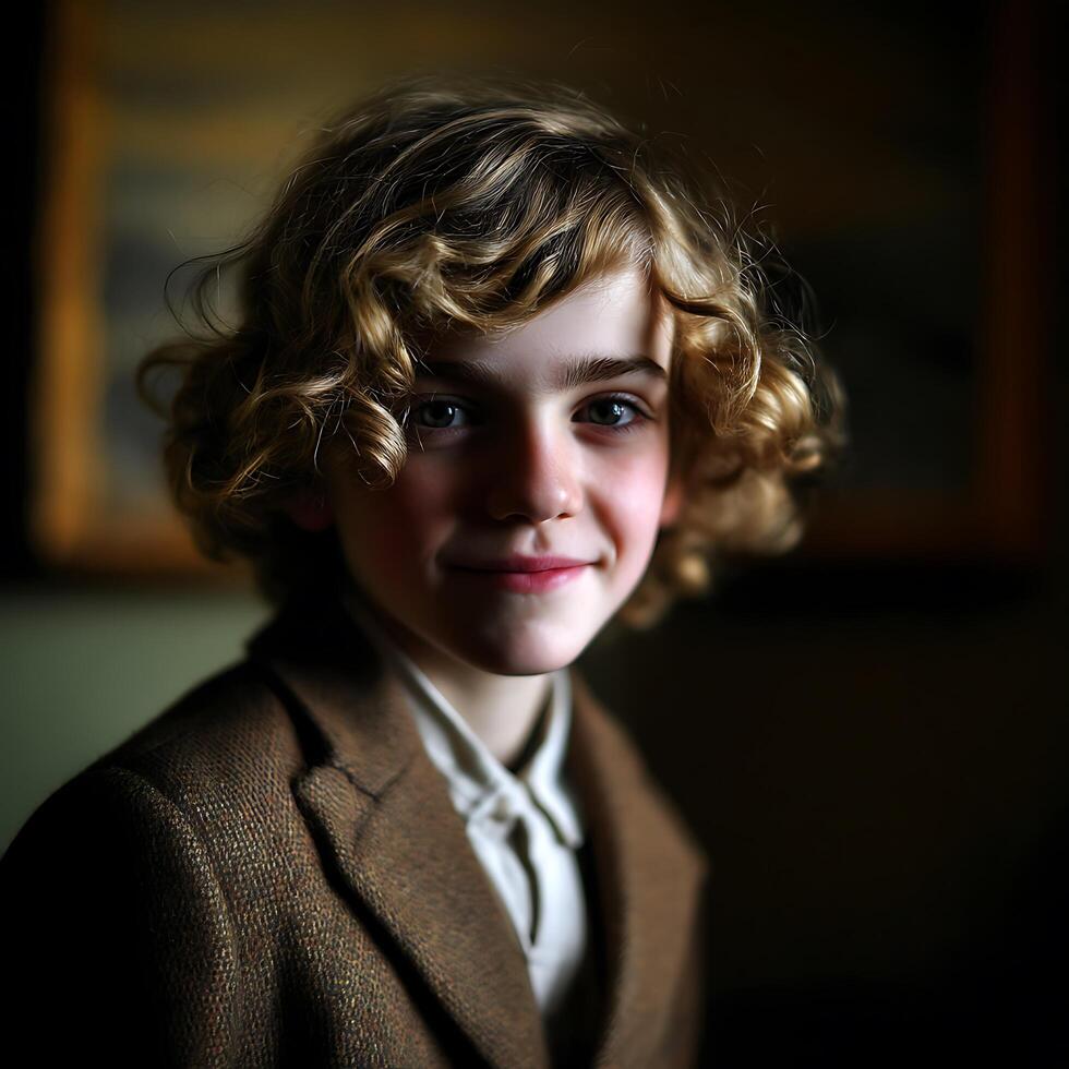 Portrait of a Young Boy with Curly Hair, Wearing a Tweed Jacket. photo