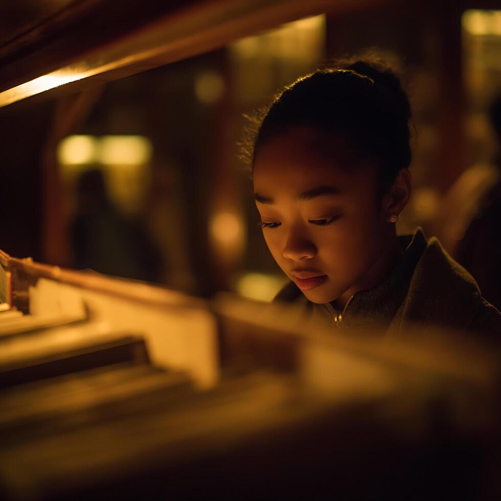 Young Woman Browsing Through Old Records in Dimly Lit Room. photo