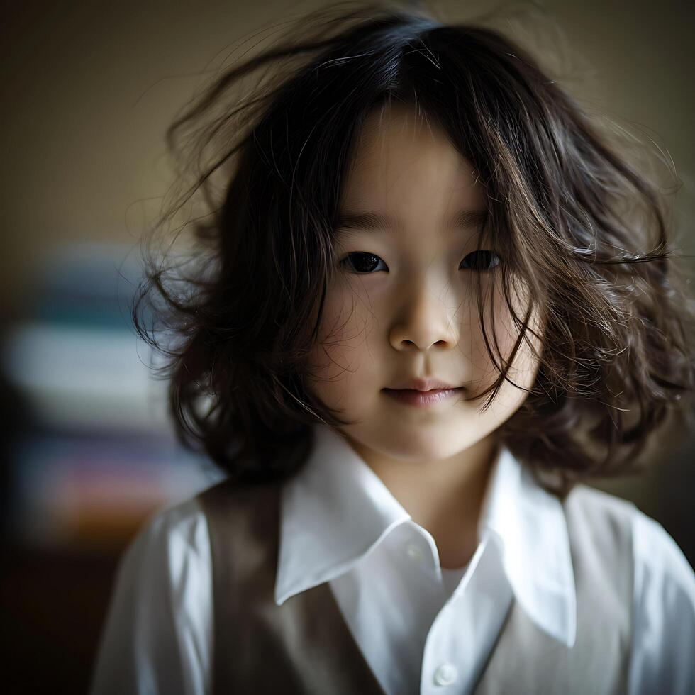 Portrait of a Young Child with Messy Hair. A close up image showcasing the details of a child's face and expression. photo