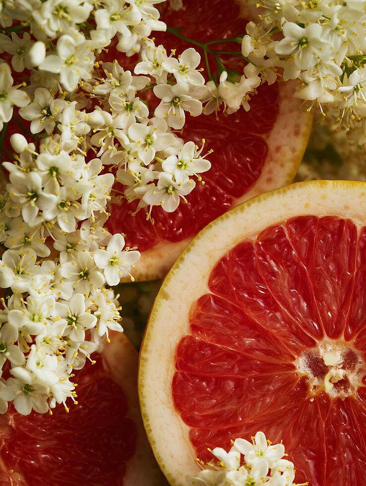 Close Up of Grapefruit Slices with Delicate White Flowers. A vibrant still life image showcasing the juicy texture of grapefruit and the delicate beauty of springtime blossoms. photo