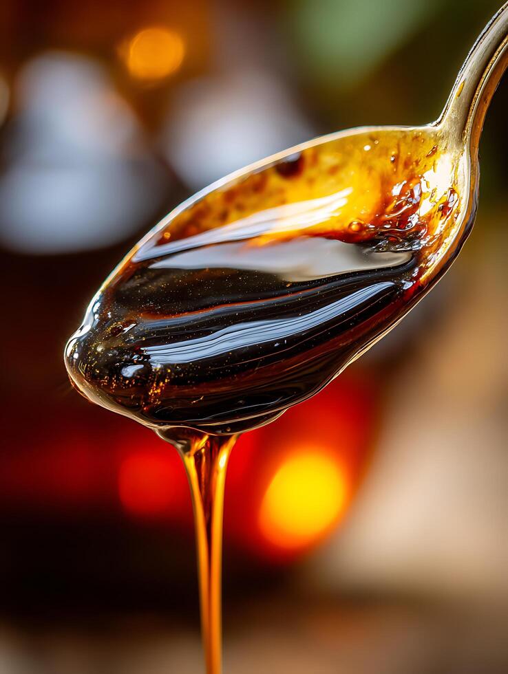 Close up of Golden Syrup Dripping from a Spoon. A Detailed Image Showing the Texture and Flow of Sweet Molasses. photo