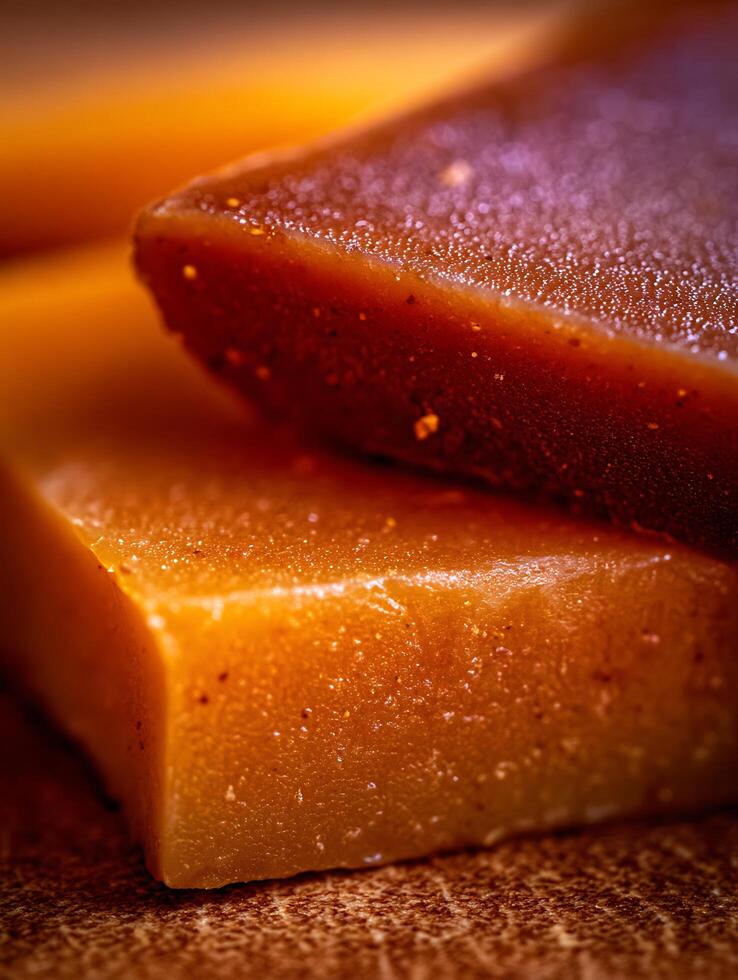 Close up of caramel candies, showcasing rich texture and warm amber tones. photo