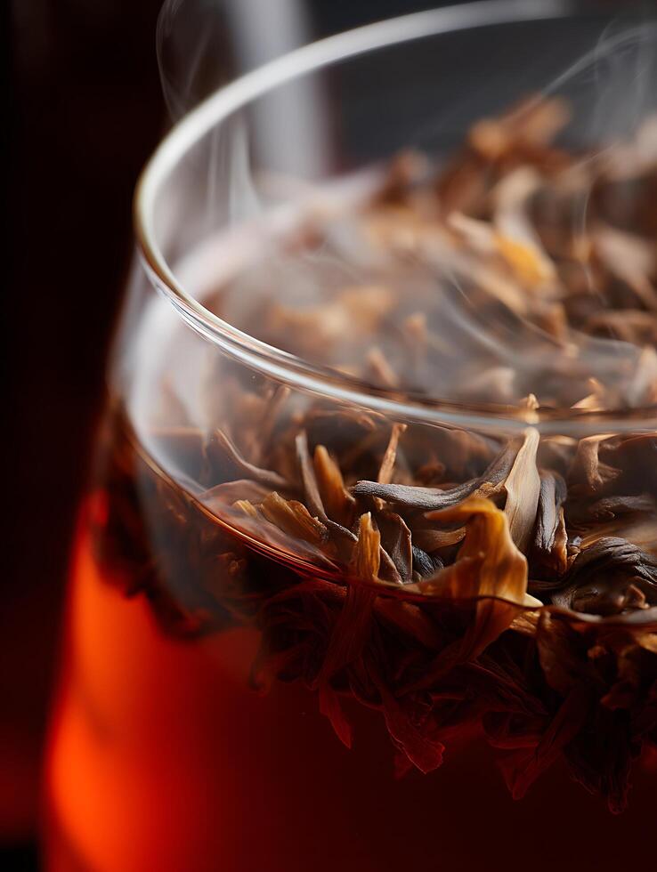 Close up of Steaming Cup of Dark Tea with Visible Tea Leaves. photo