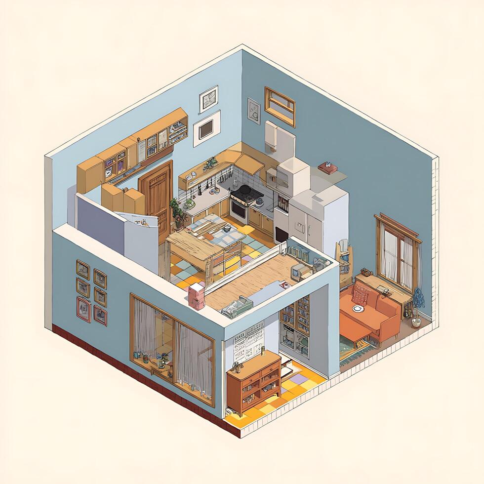 Isometric Illustration of a Cozy Apartment Interior Kitchen, Living Room, and Details. photo