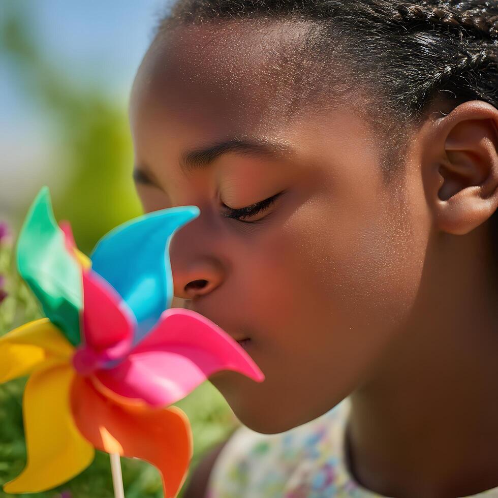 Close Up of a Young Girl Gently Smelling a Colorful Pinwheel. photo