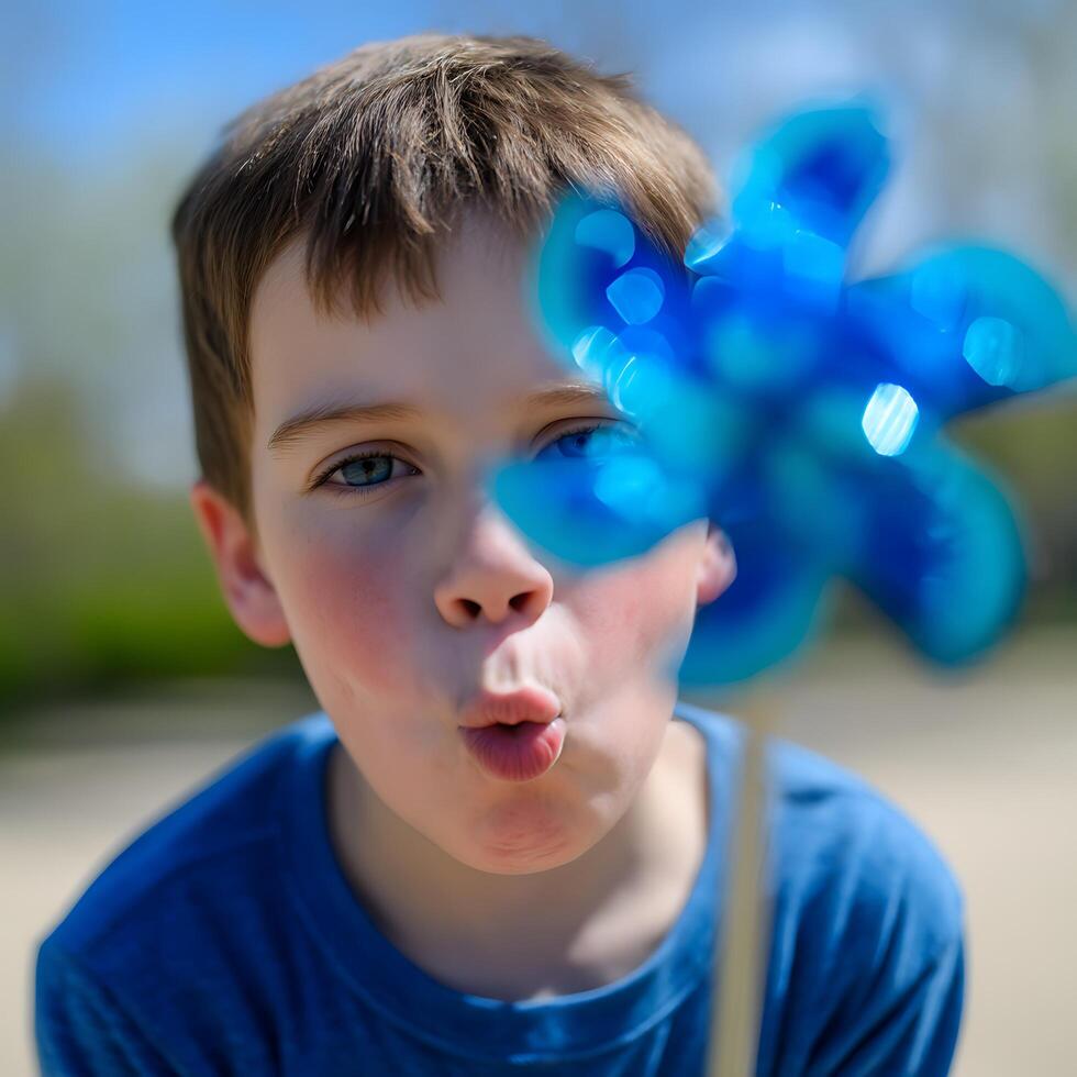 Child Blowing on a Blue Pinwheel Toy Outdoors on a Sunny Day. photo
