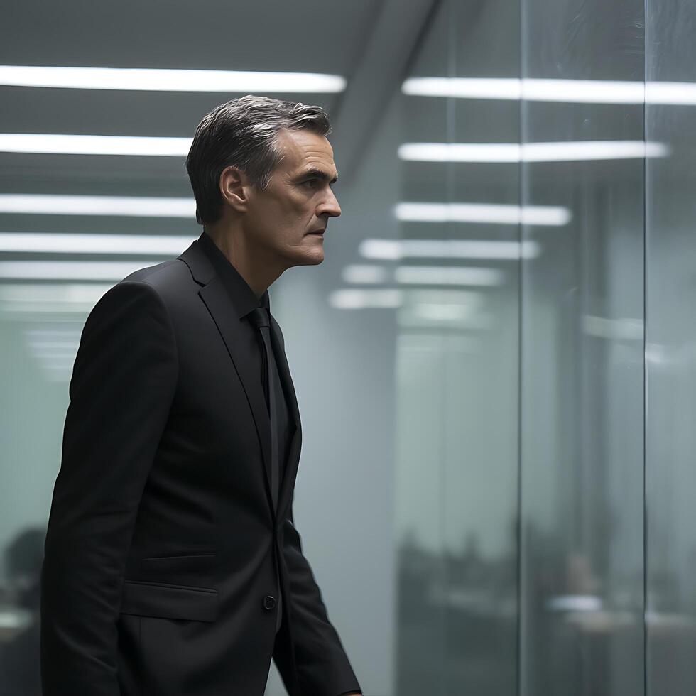 Confident Businessman in Modern Office Building Corridor. A profile view of a man in a suit looking thoughtfully ahead. photo