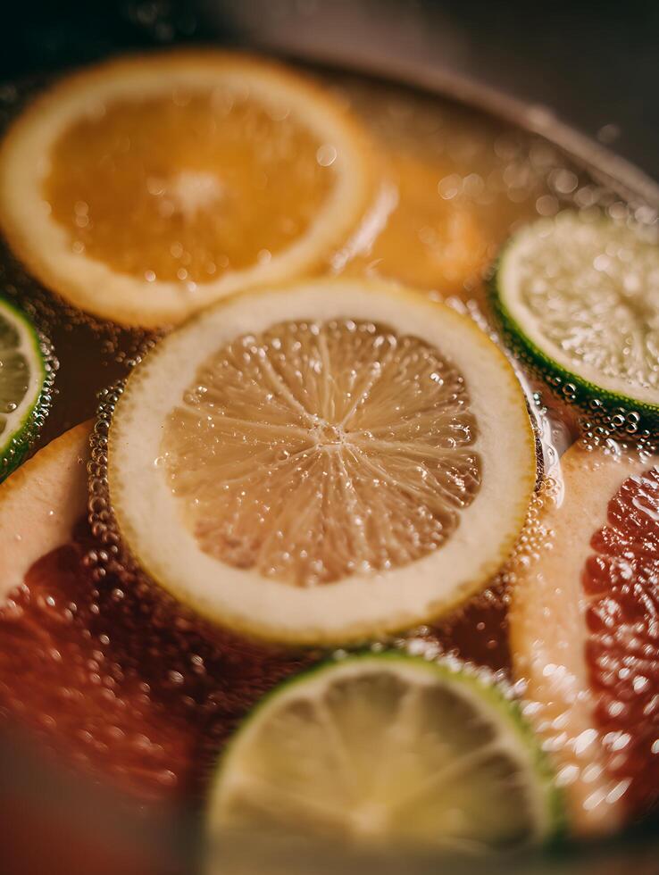 Close Up of Citrus Fruit Slices in Sparkling Water. A refreshing image perfect for beverage or healthy lifestyle content. photo