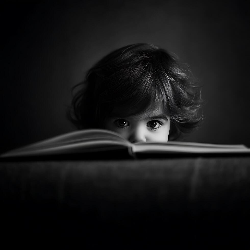 Child's Curious Gaze A Black and White Portrait of a Young Reader. photo