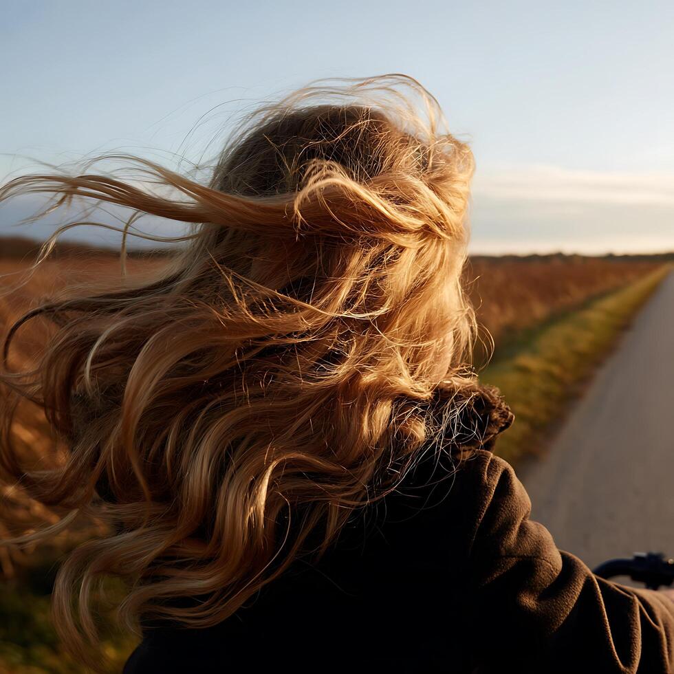 Golden Hair Blowing in the Wind A Woman Rides Through the Countryside. photo