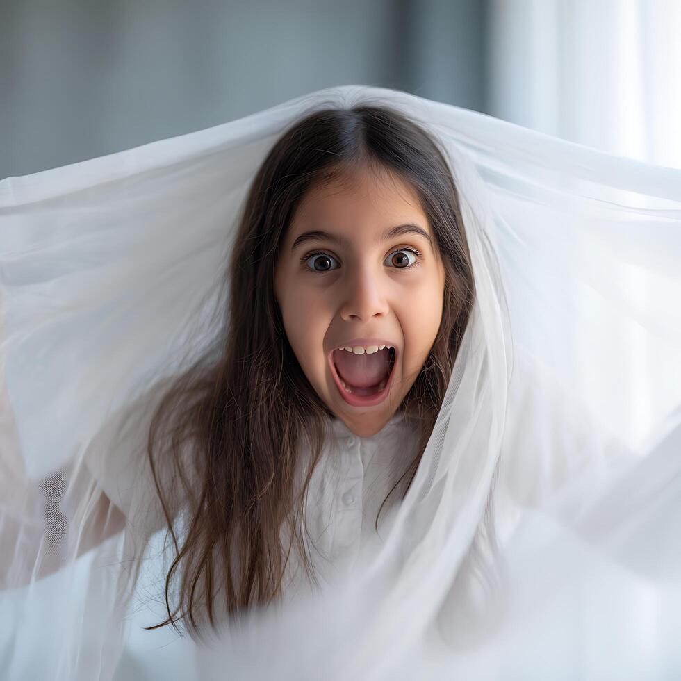 Playful Girl Hiding Under White Fabric, Close Up Portrait. A cheerful child's face peeks out from a sheer white cloth, expressing excitement and joy. photo