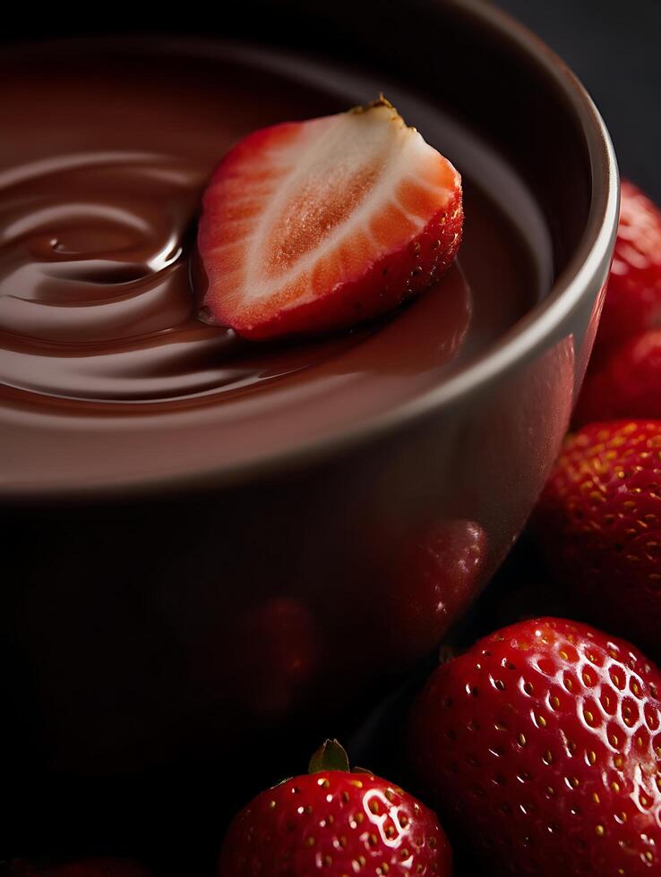 Close Up of Fresh Strawberry in Melted Chocolate. A decadent image perfect for food blogs, chocolate advertisements, and dessert menus. photo