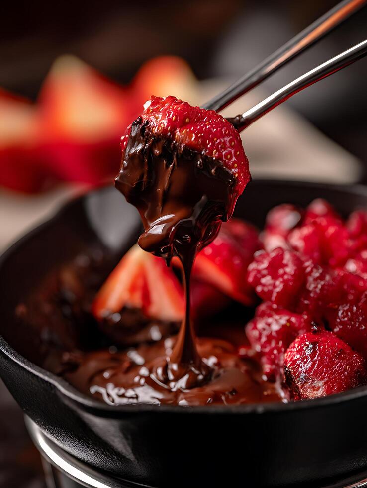 Delicious Chocolate Fondue with Strawberries and Raspberries A Close Up. photo