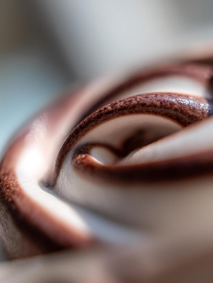 Close Up of Swirled Chocolate and Cream Dessert, Abstract Food Photography. photo