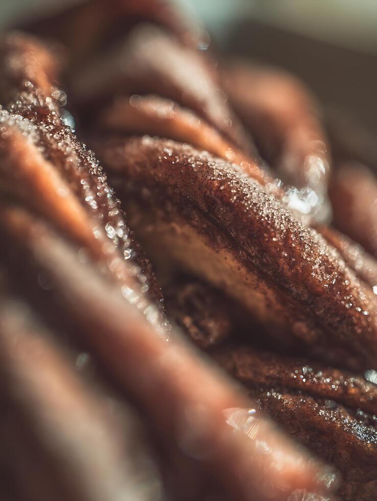 Close Up of Sweet Cinnamon Rolls, Sugar Crystals Sparkling in the Light. photo