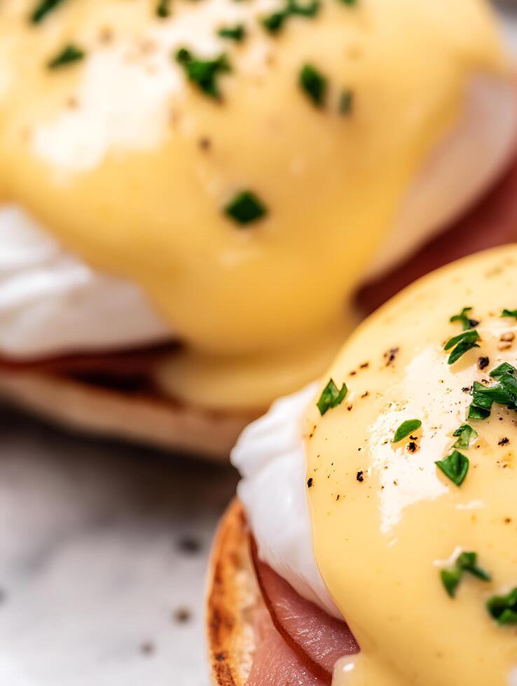 Close Up of Eggs Benedict Delicious Poached Eggs with Hollandaise Sauce. photo