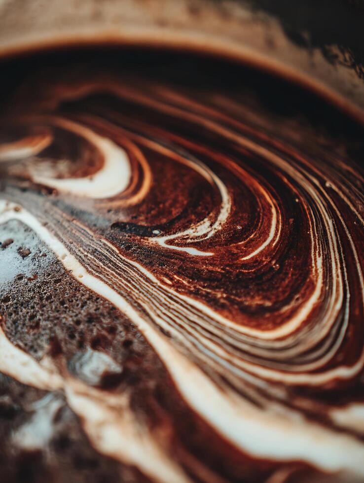 Abstract Swirls of Brown and Cream Coffee Creamer Close Up. photo