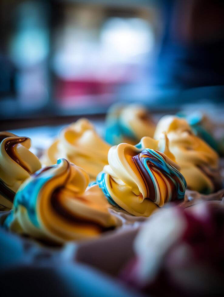 Close Up of Swirled Creamy Dessert with Blue, Brown, and Yellow Hues. photo