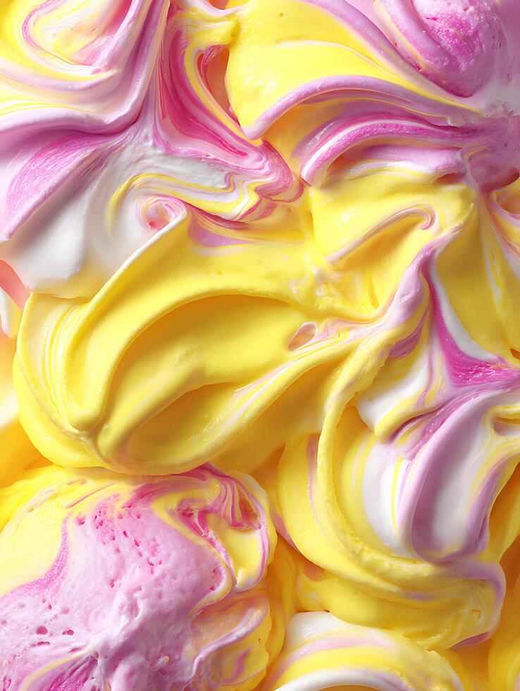 Swirled Yellow Pink and White Ice Cream Texture, Close Up Food Photography. photo