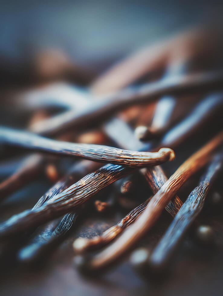 Close Up of Aromatic Vanilla Beans, Rich Textures and Colors. photo
