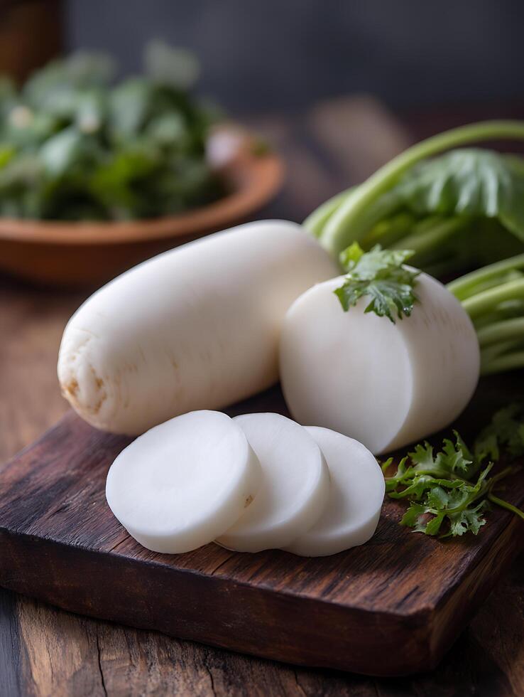 Fresh White Radishes on Rustic Wooden Board Close up of Sliced and Whole Radishes with Greens. photo