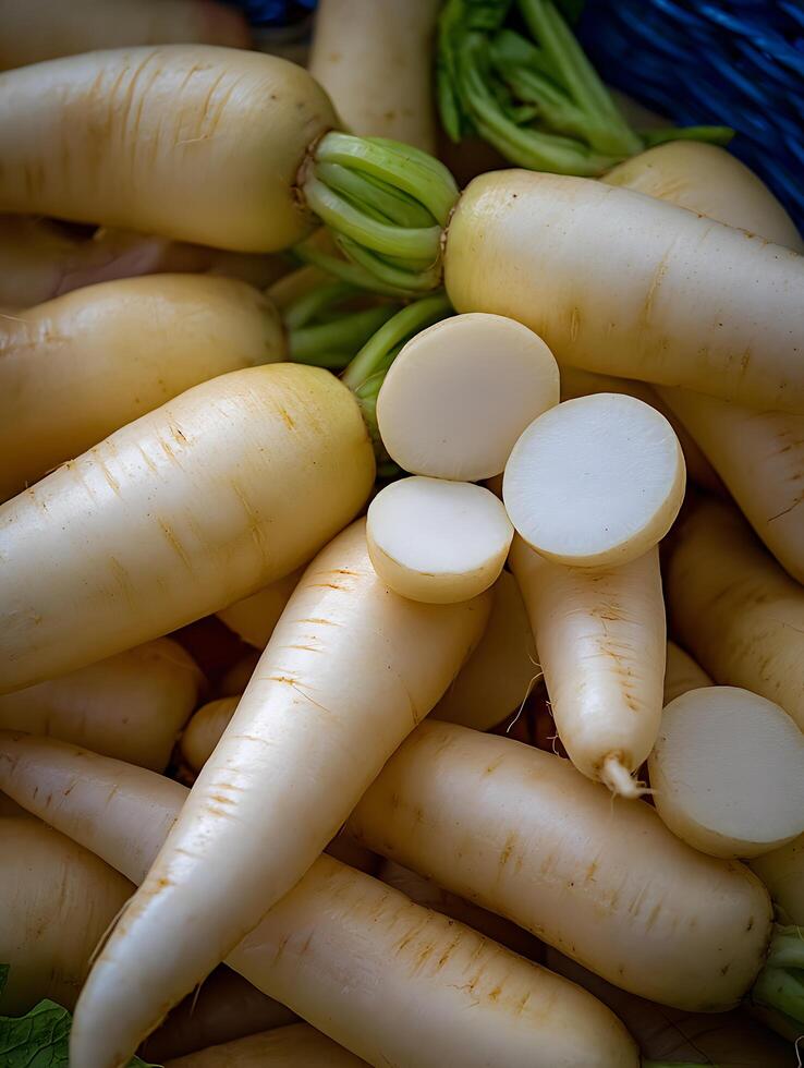 Close Up of Fresh White Radishes, Harvest Bounty. photo