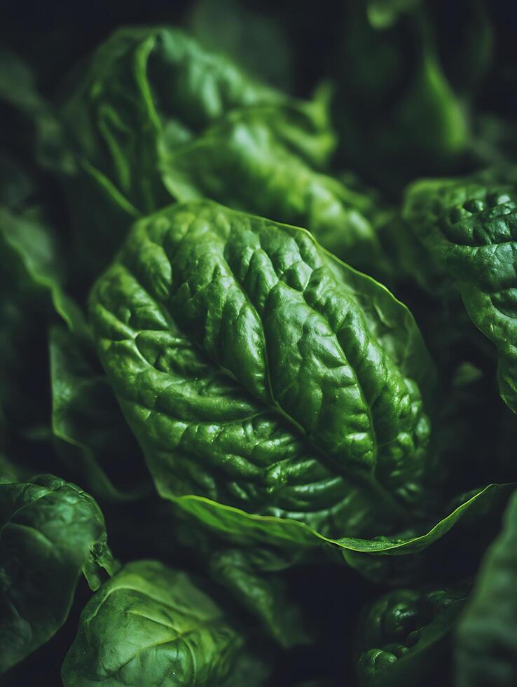Close Up of Fresh Spinach Leaves, Vibrant Green Texture. photo