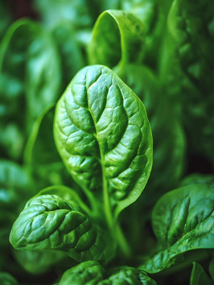 Close Up of Fresh Spinach Leaves, Vibrant Green Foliage. photo