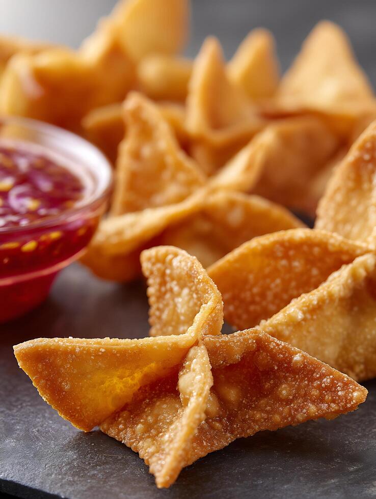 Close Up of Crispy Fried Wontons with Sweet and Sour Sauce. photo