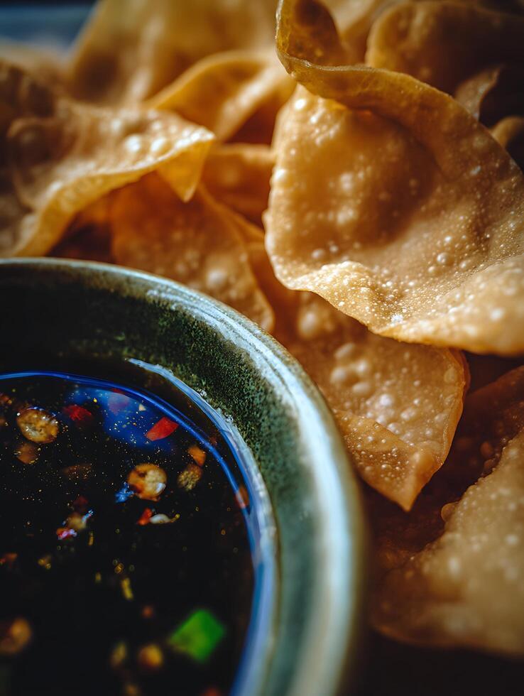 Close Up of Crispy Fried Wonton Chips with Spicy Dipping Sauce. photo