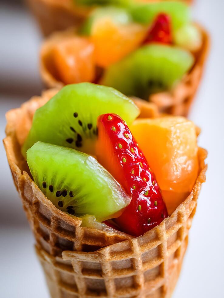 Close up of fresh fruit salad in waffle cones, vibrant colors and textures. photo