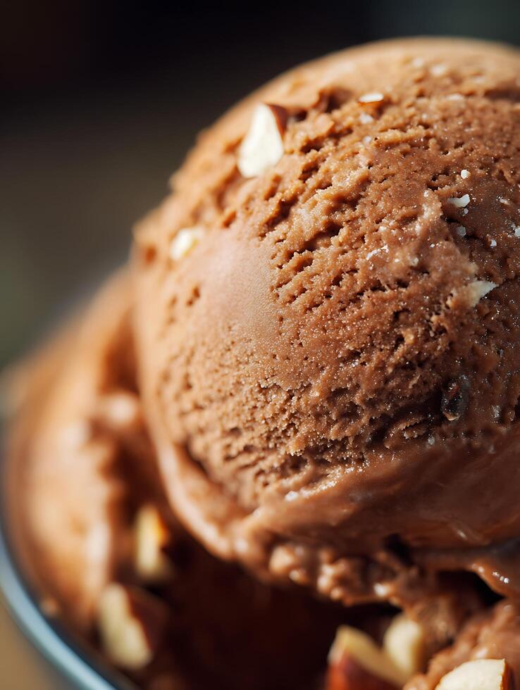Close up of Chocolate Ice Cream with Hazelnuts. A delectable scoop of rich chocolate ice cream, studded with crunchy hazelnuts. photo